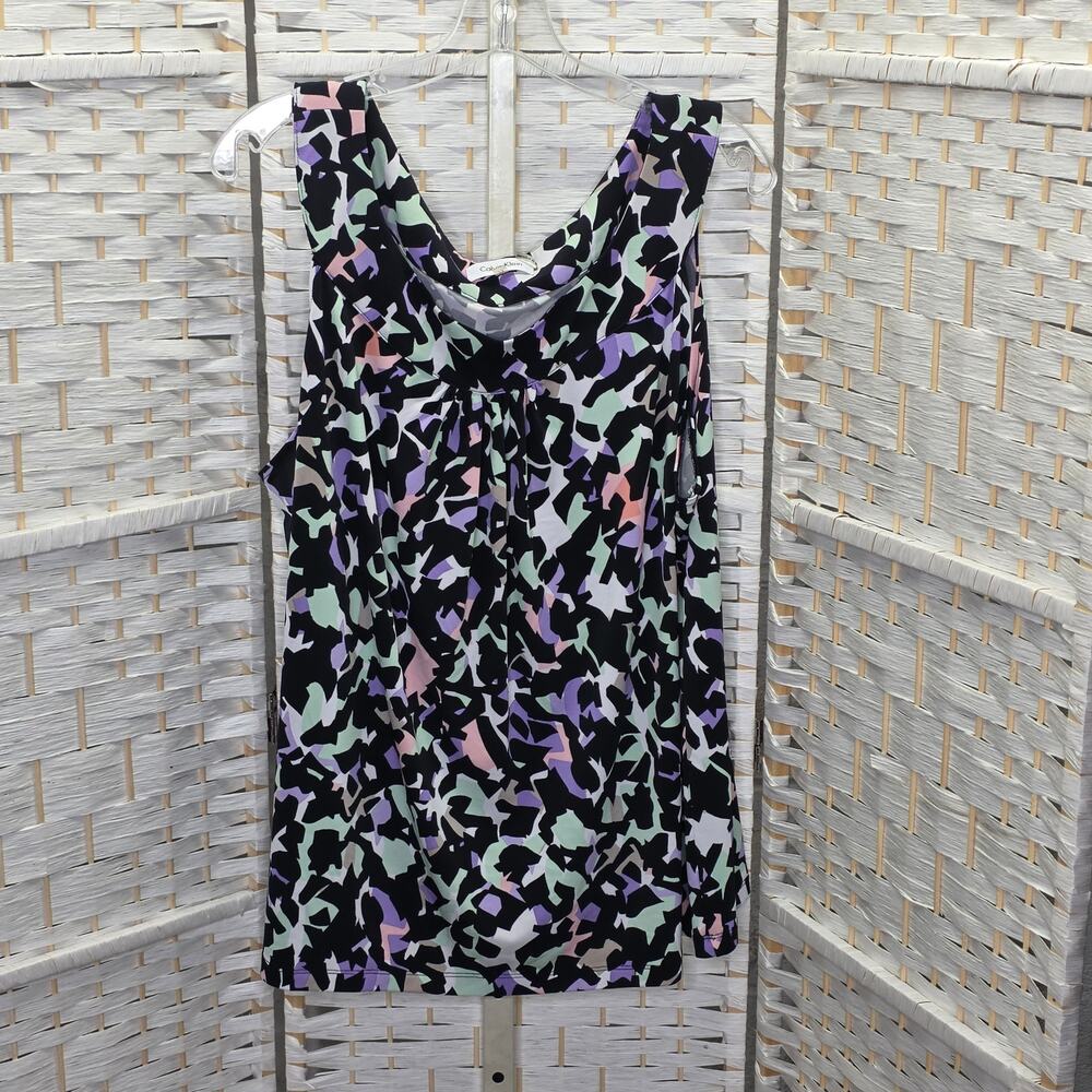 Calvin Klein Women's 2x Sleeveless Blouse Black Pastel Abstract Print